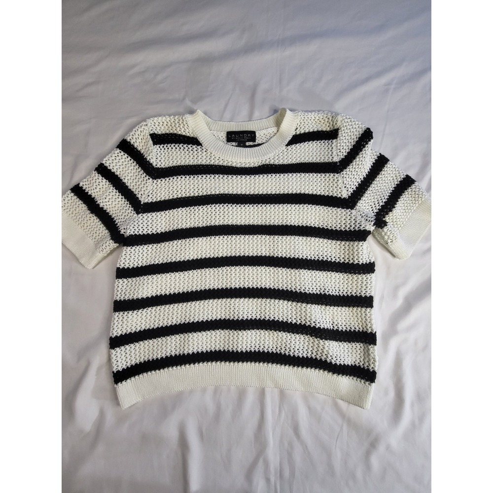 Laundry by Shelli Segal Black White Striped Short Sleeve Sweater M L1KS4009